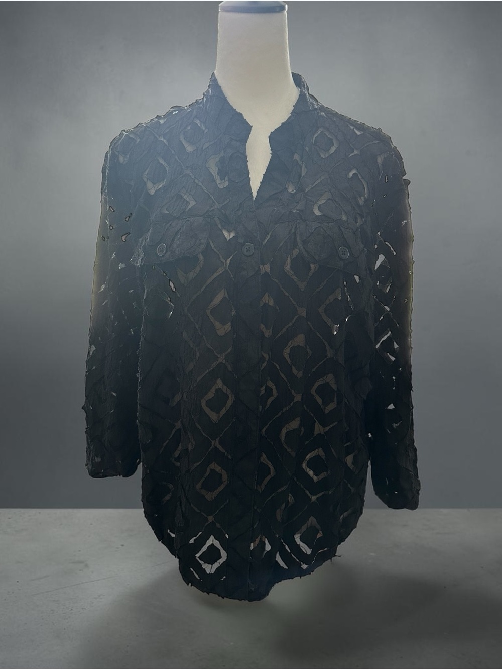 Alfred Dunner Black Sheer Geometric Cutout Button-Down Top